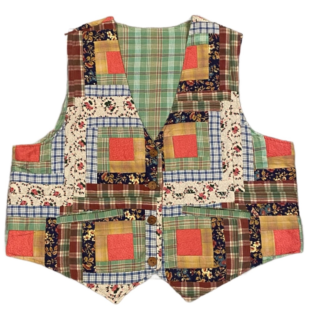 Vintage Patch Magic Quilted Reversible Vest Size XL Patchwork/Plaid Green/Button